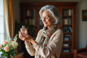 Femme élégante de 70 ans appliquant du parfum dans un salon cosy
