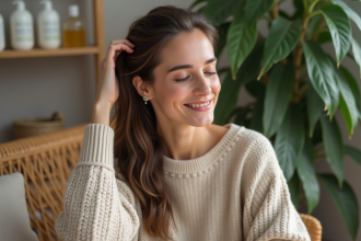 Femme sereine massant son cuir chevelu avec douceur