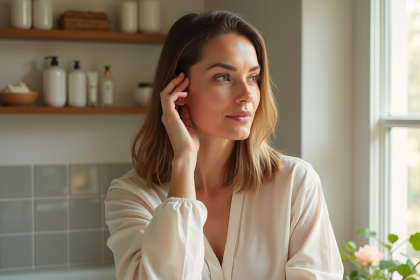 Femme appliquant un masque capillaire dans une salle de bain lumineuse