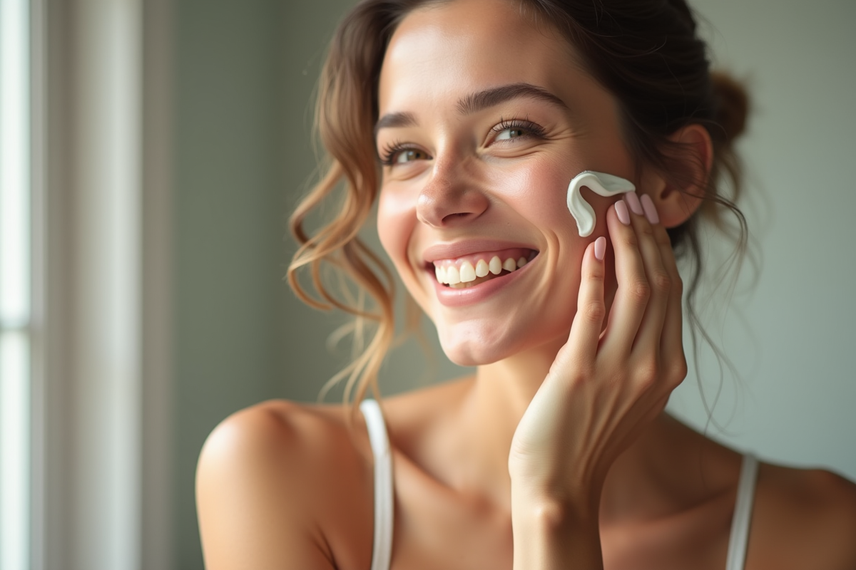 Femme souriante appliquant soin naturel sur la joue