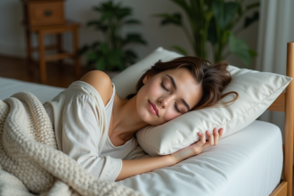Femme endormie en pyjamas coton dans une chambre cosy