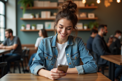 Femme souriante avec smartphone dans un café