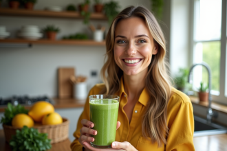 Femme souriante avec peau radieuse tenant un smoothie vert dans une cuisine lumineuse
