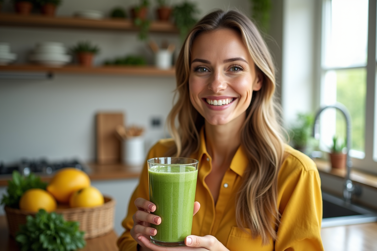 Femme souriante avec peau radieuse tenant un smoothie vert dans une cuisine lumineuse