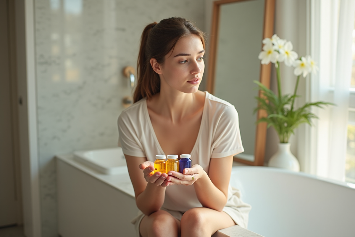 Jeune femme dans salle lumineuse avec vitamines avant laser