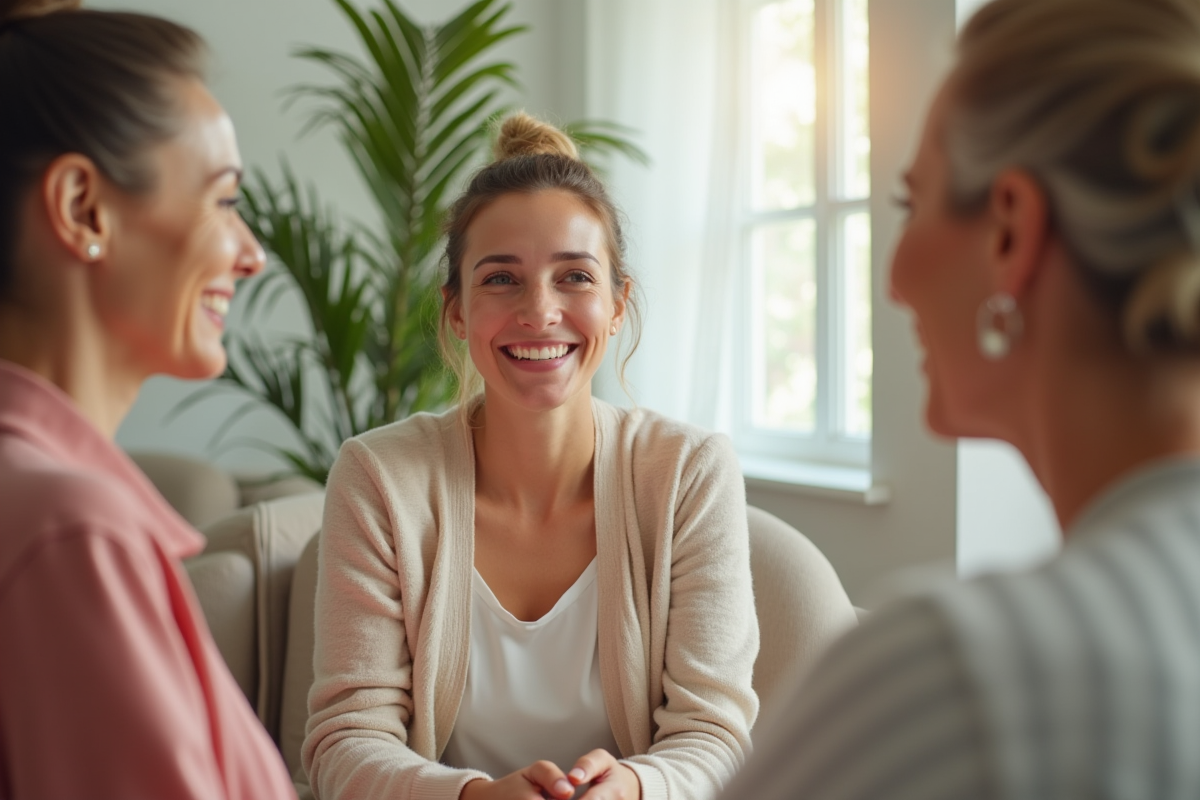 Femmes de tous âges discutant dans un espace spa lumineux
