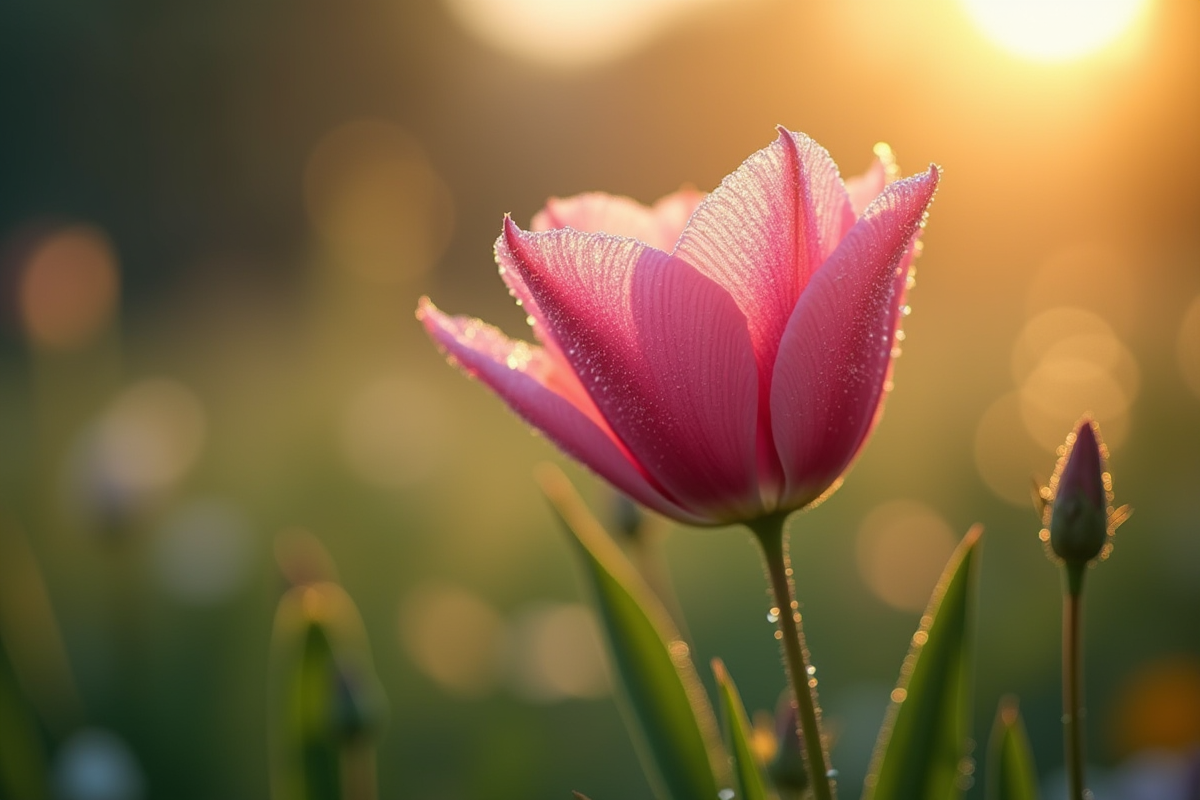 Fleur éclatante avec rosée au matin en gros plan