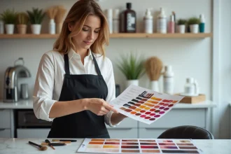 Coiffeuse professionnelle étudiant des nuanciers de couleurs lors d'une formation colorimétrie en salon haut de gamme