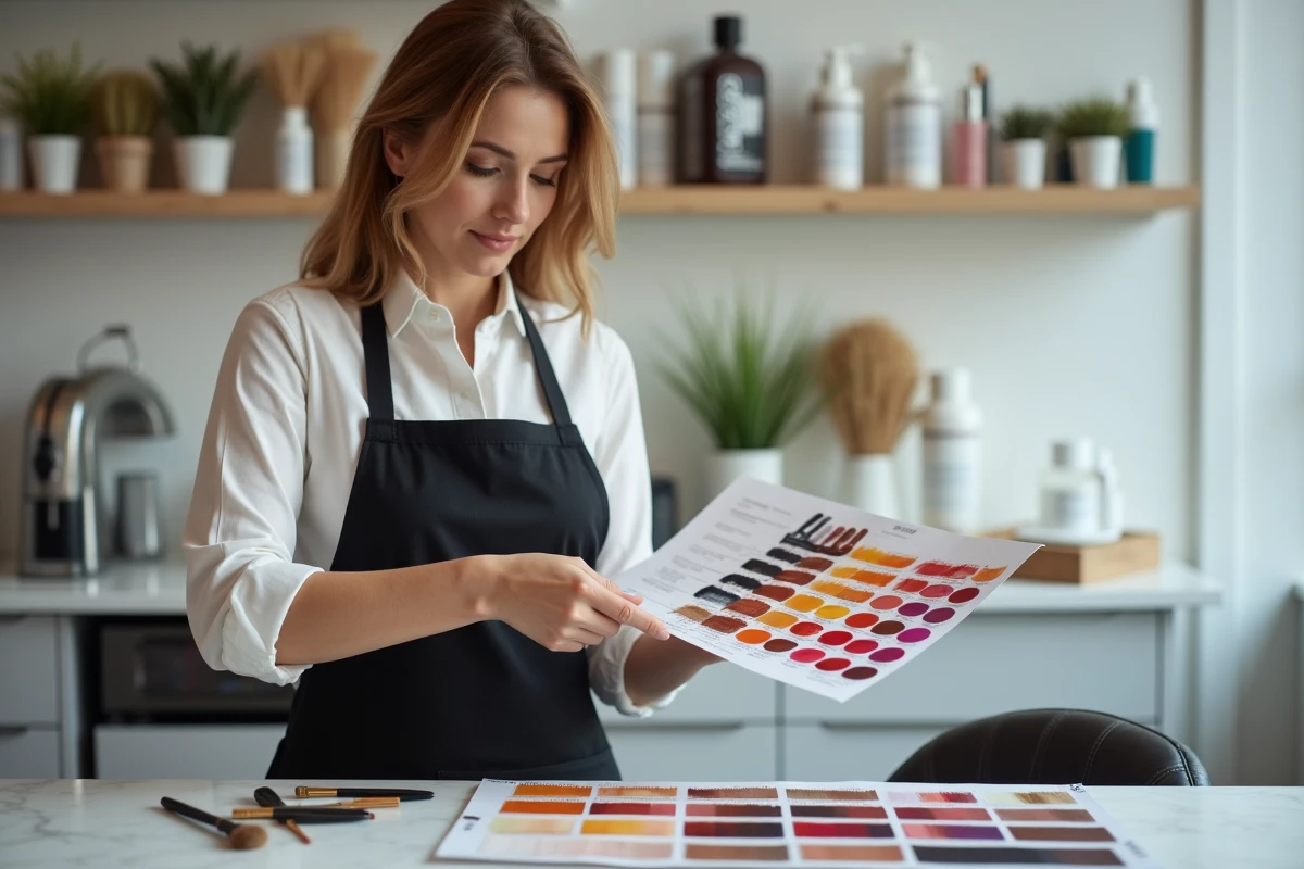 Coiffeuse professionnelle étudiant des nuanciers de couleurs lors d'une formation colorimétrie en salon haut de gamme