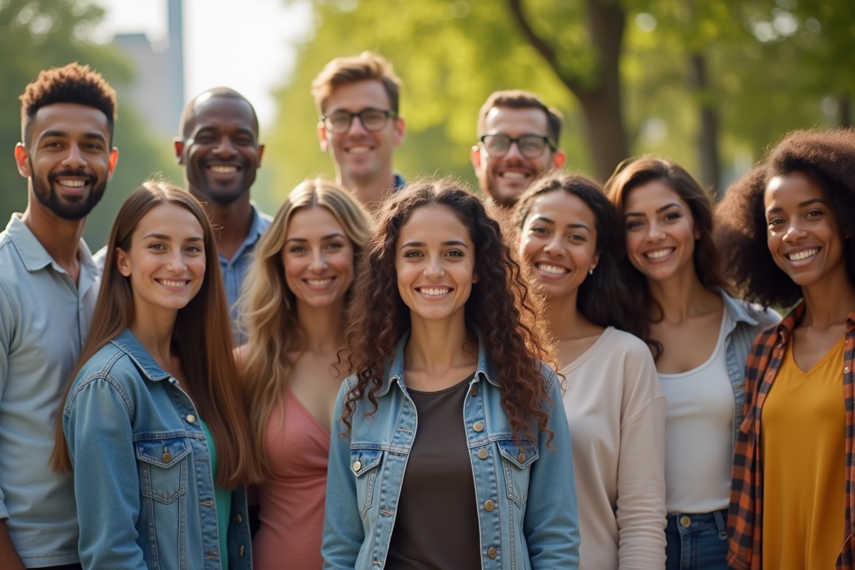 Groupe divers de personnes souriantes dans un parc urbain