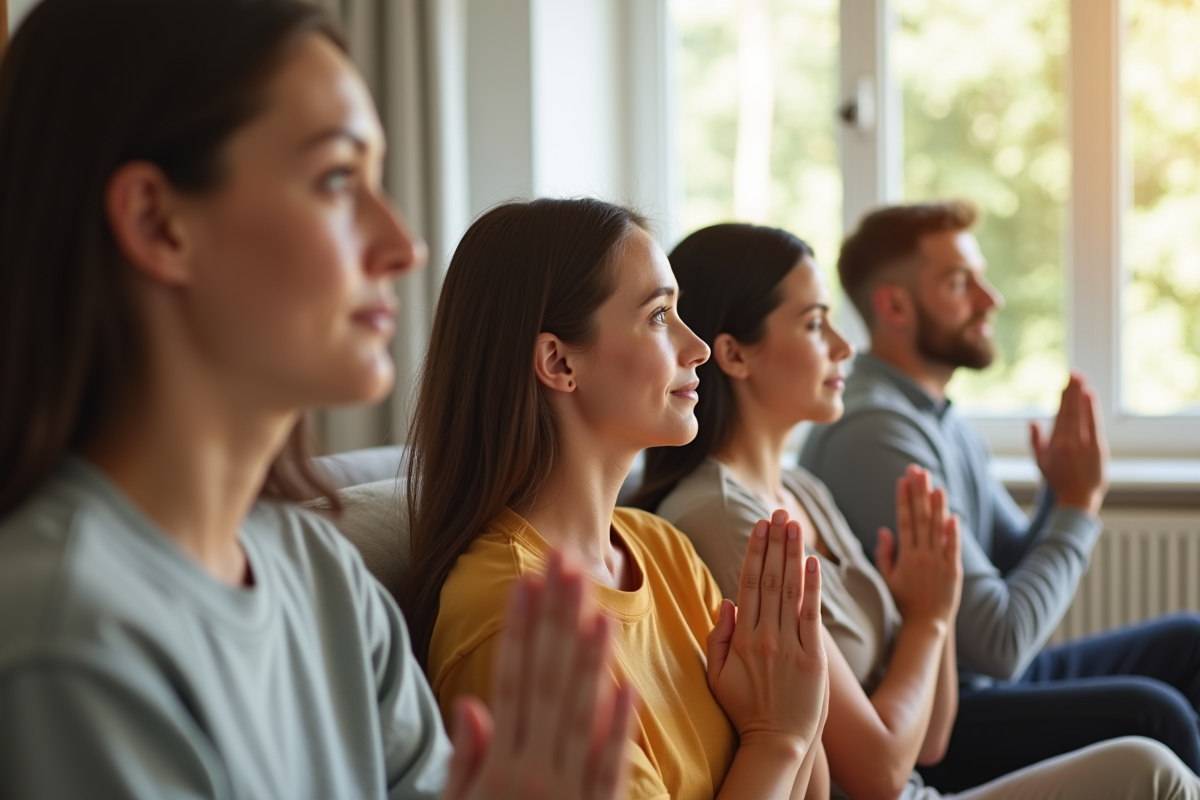 Groupe divers pratiquant le yoga facial dans un salon lumineux