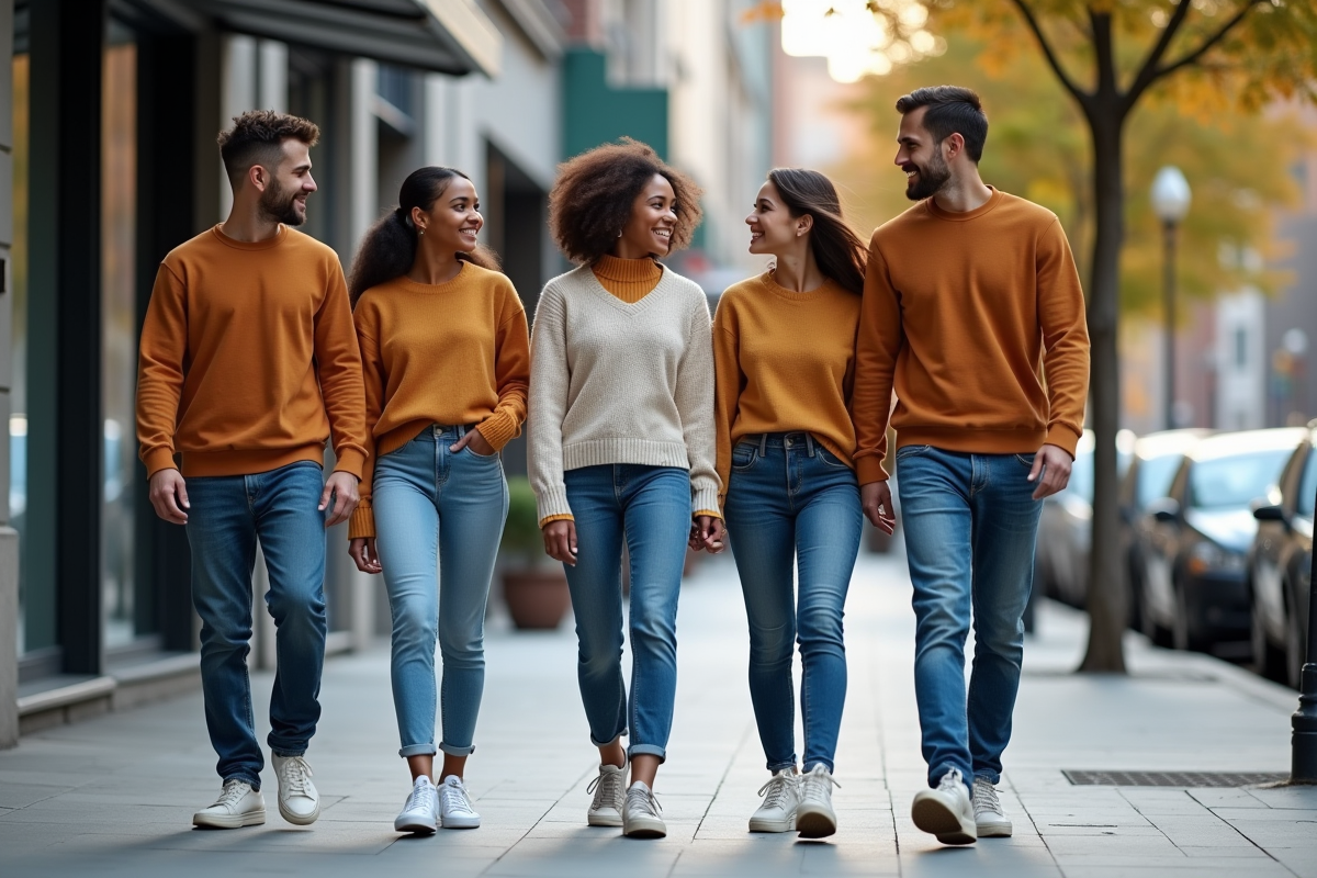 Groupe de jeunes adultes marchant dans la ville en discutant