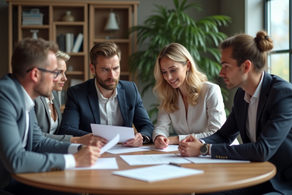Groupe de professionnels en réunion dans un bureau moderne