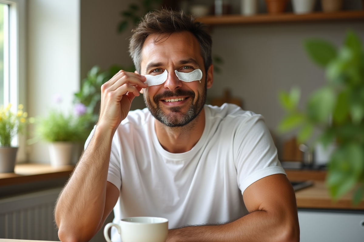 Homme appliquant une compresse aux herbes sous les yeux dans la cuisine