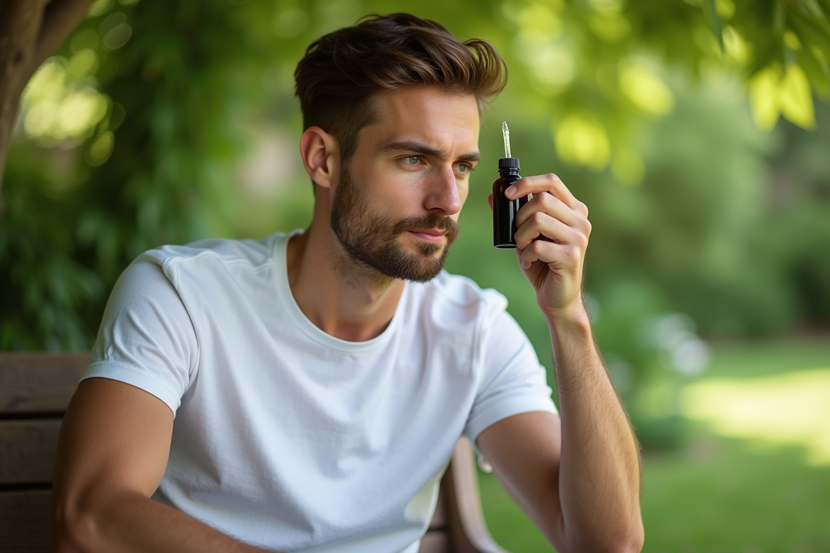 Homme appliquant un tonic capillaire dans un jardin