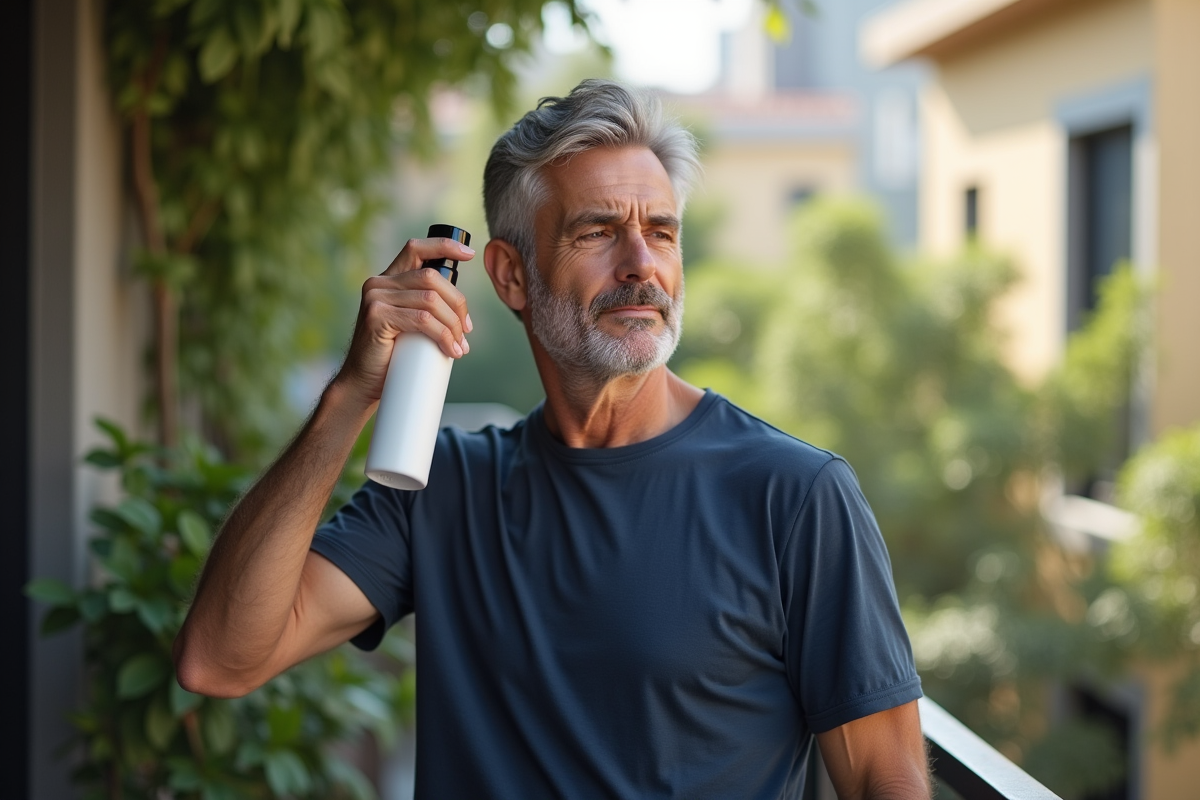 Homme vaporisant une brume capillaire en extérieur