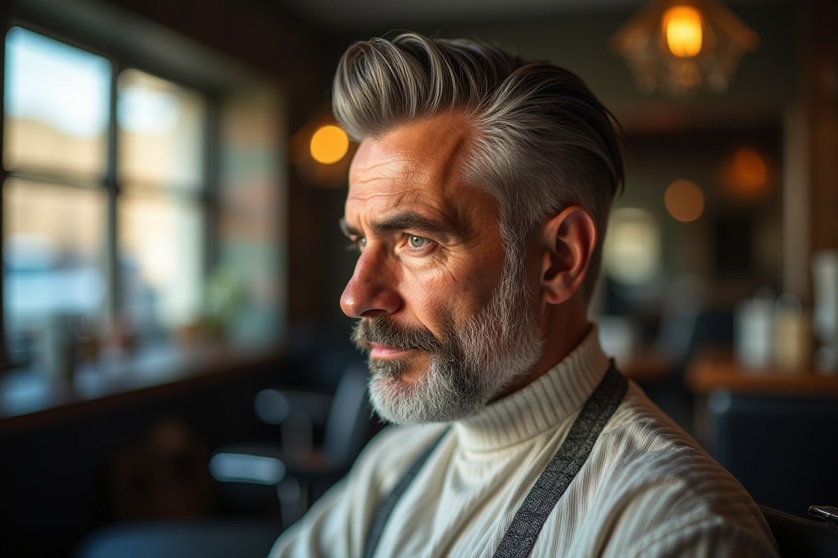 Homme mature avec cheveux salt and pepper en coiffure slickback