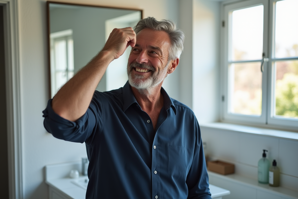 Homme regardant ses cheveux dans un miroir à la maison