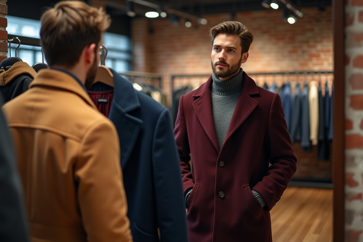 Jeune homme essayant trois manteaux dans un magasin