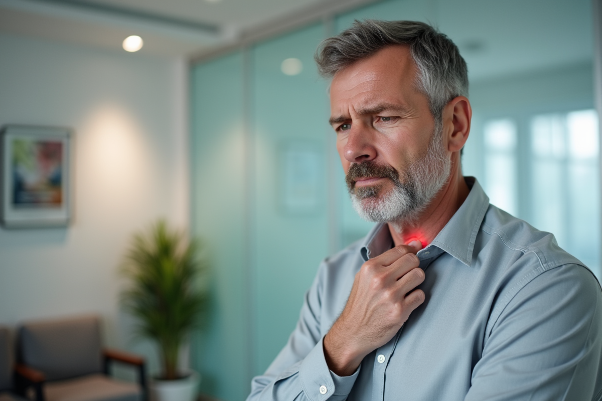 Homme touchant un bouton sur le cou dans une salle d