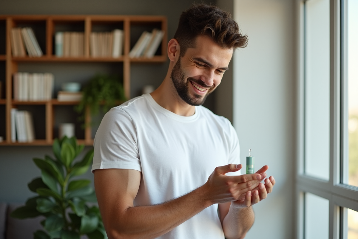 Homme examinant une goutte d huile visage dans la main