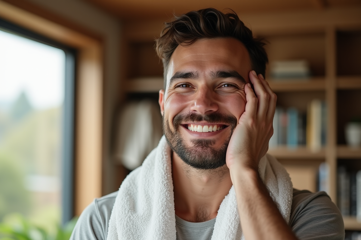 Homme se rehydrate le visage apres nettoyage dans un salon chaleureux