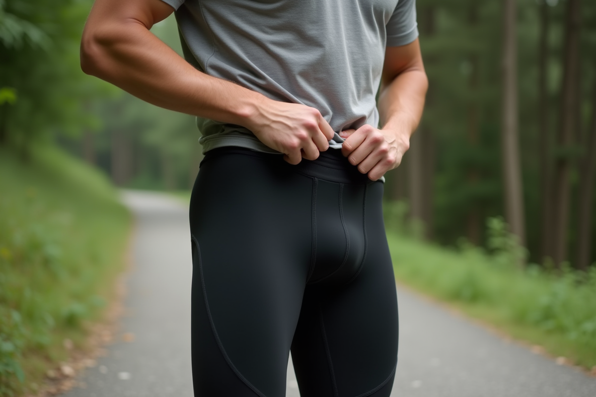 Homme en leggings ajustant sa taille près d