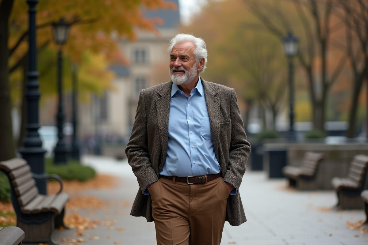 Homme septuagénaire en promenade dans un parc urbain