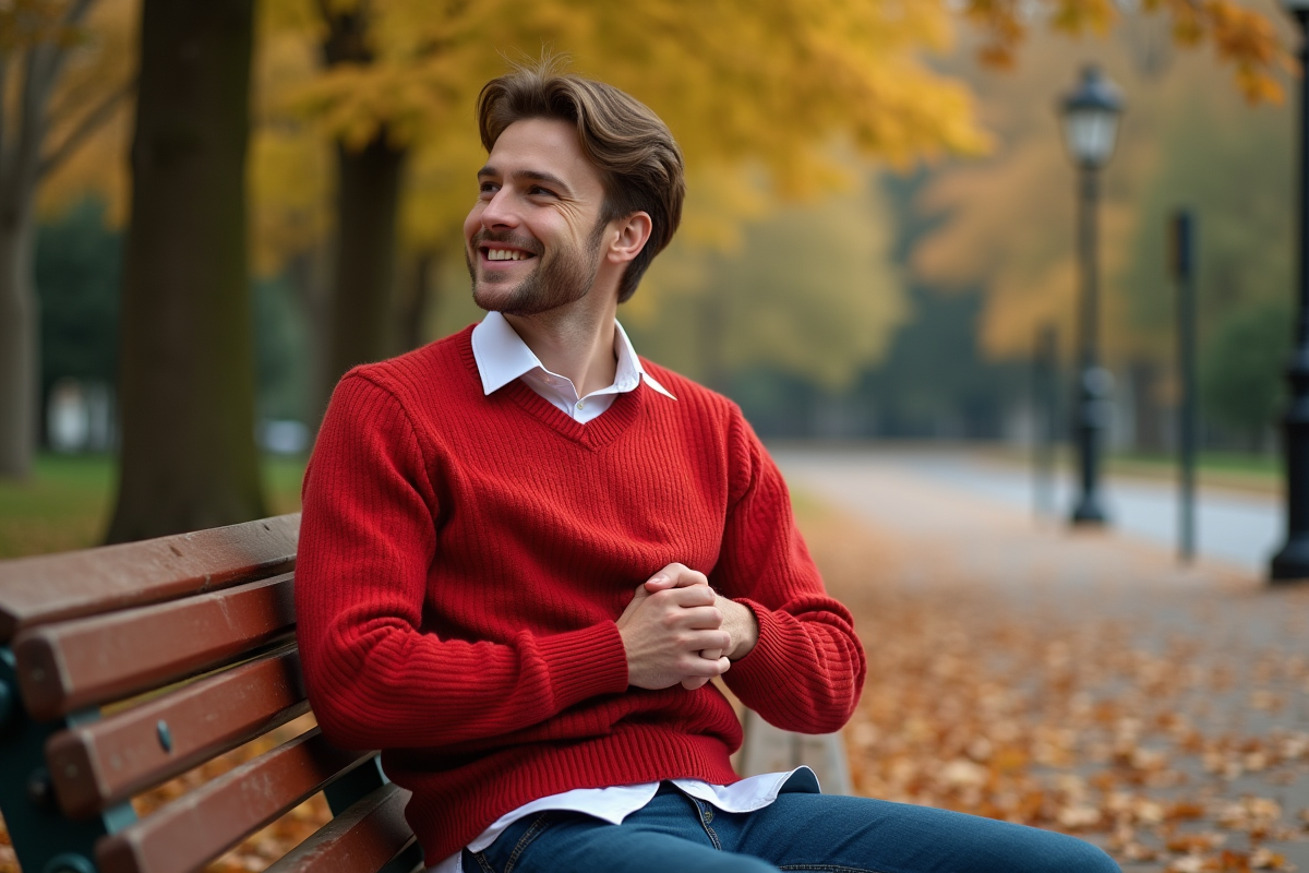 Jeune homme riant sur un banc en automne
