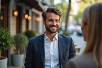Homme élégant en conversation dans un café urbain