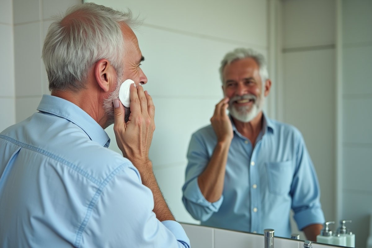 Homme âgé appliquant une crème dans une salle de bain moderne