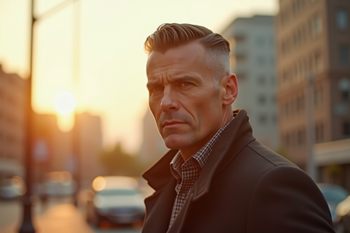 Homme mature avec undercut en plein air au coucher de soleil