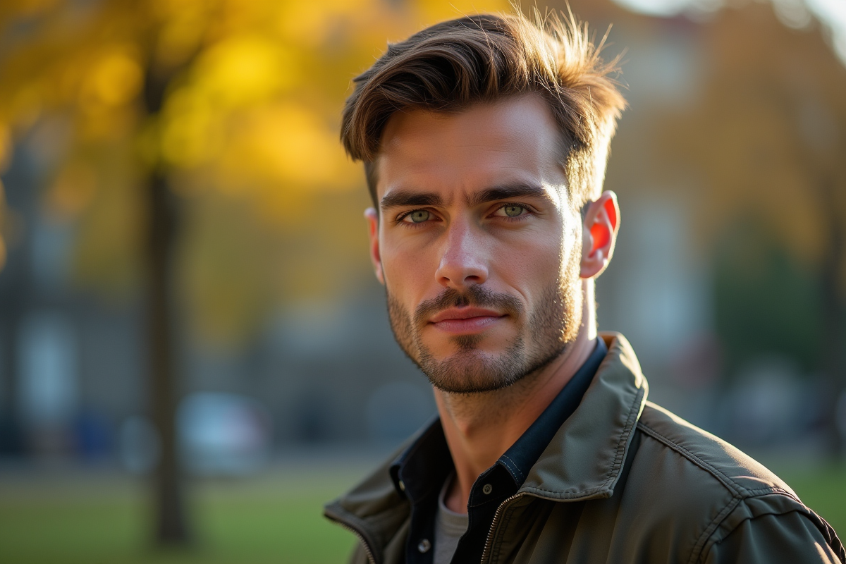 Homme aux yeux verts en extérieur avec lumière naturelle vive
