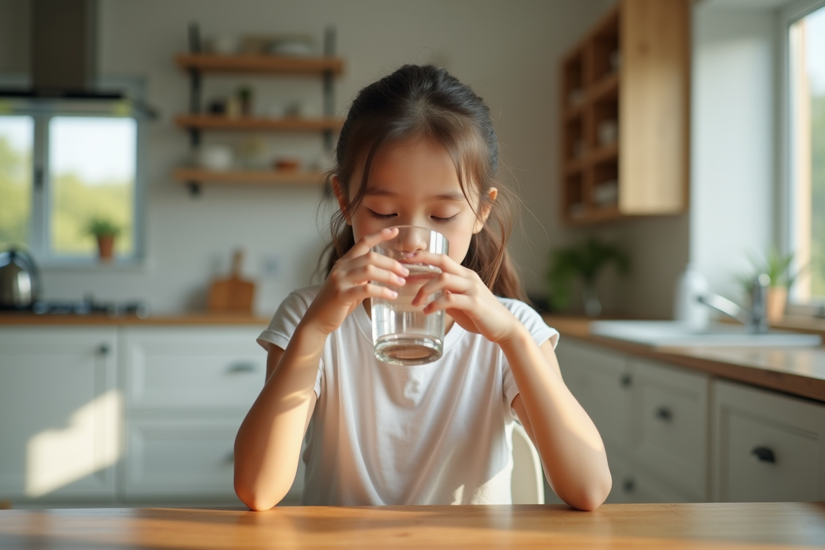 Jeune adulte buvant de l'eau dans une cuisine lumineuse