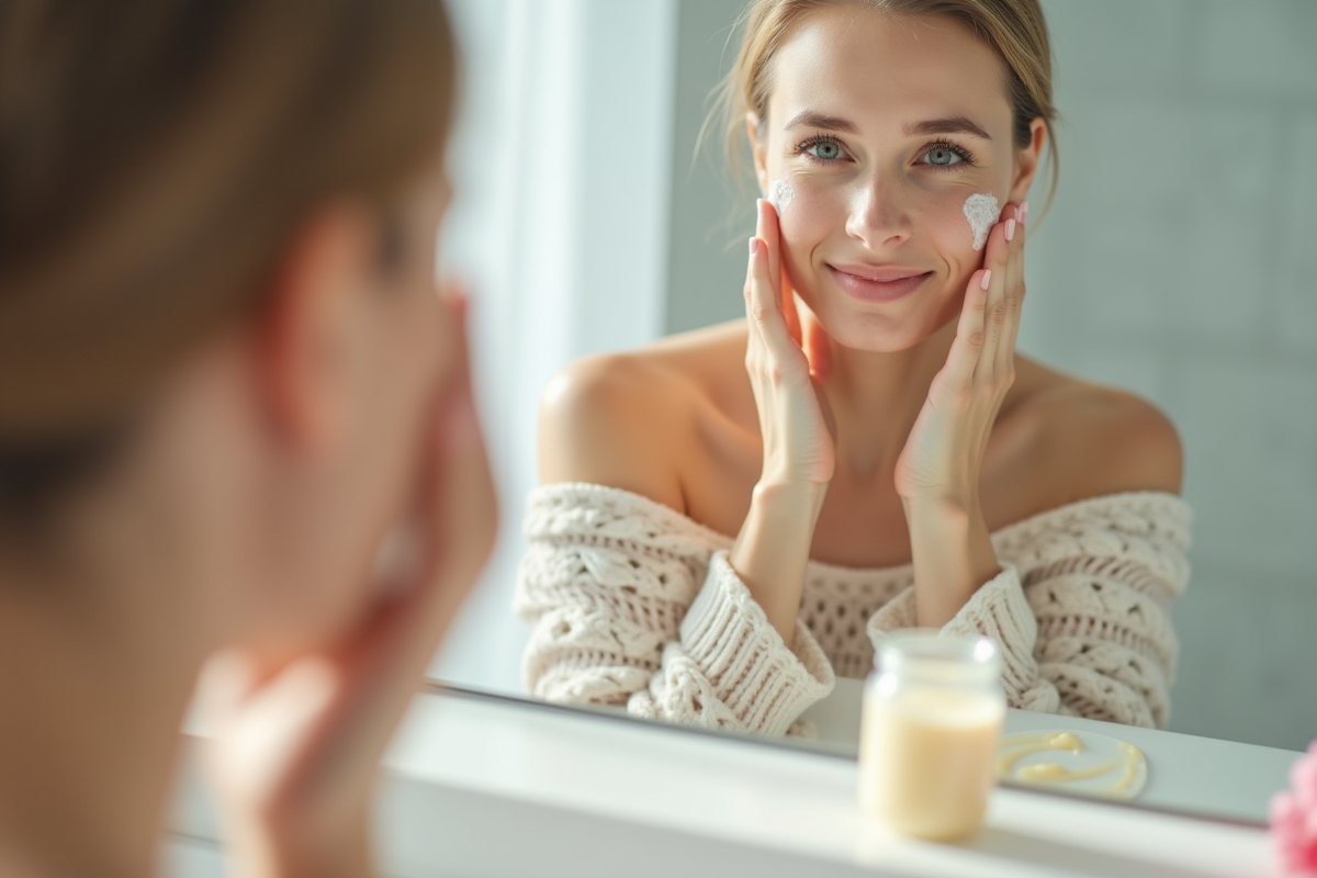 Jeune femme appliquant une creme antiacne dans la salle de bain