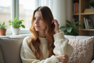 Jeune femme coiffant ses longs cheveux dans un salon chaleureux
