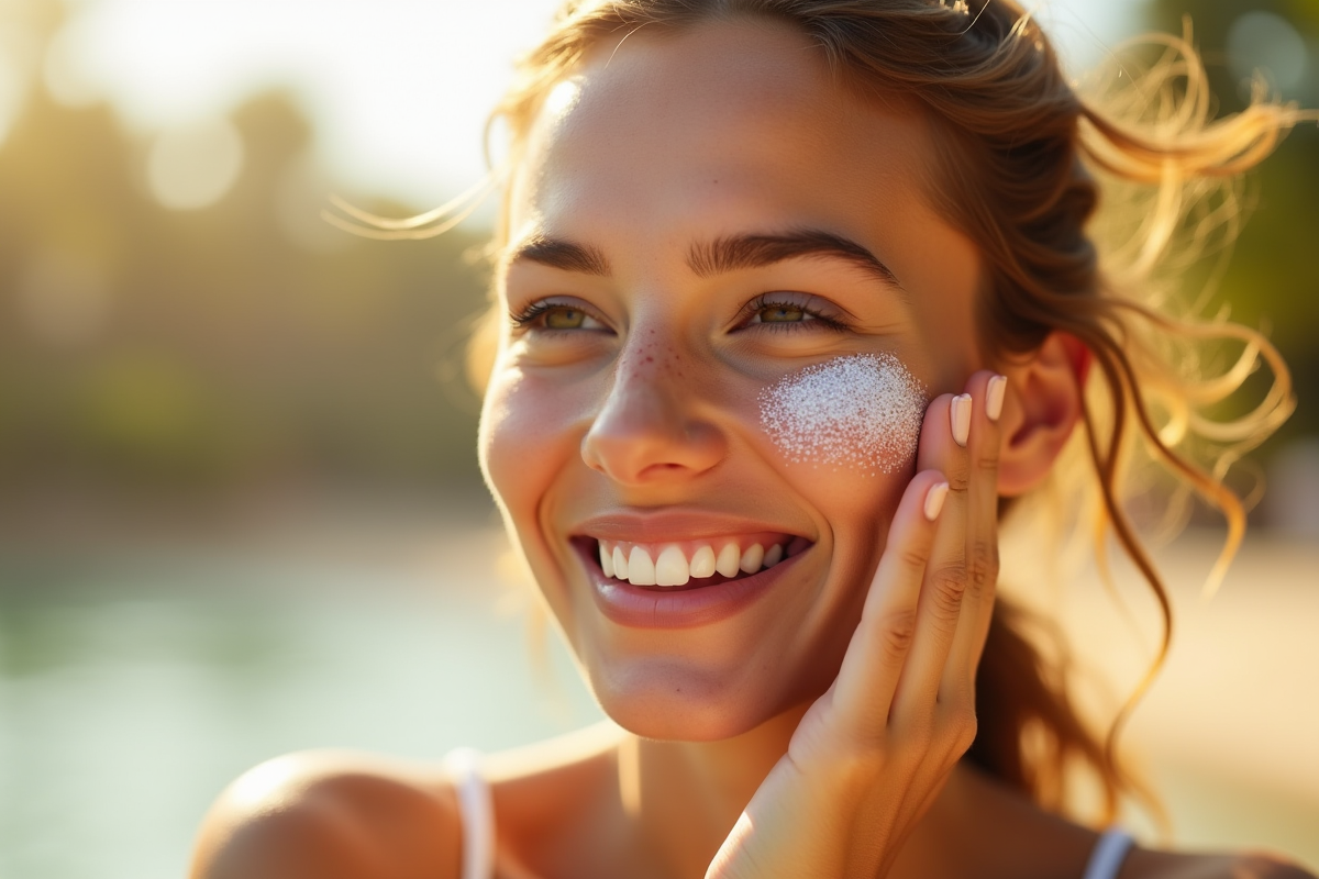 Jeune femme appliquant de la creme solaire en plein soleil