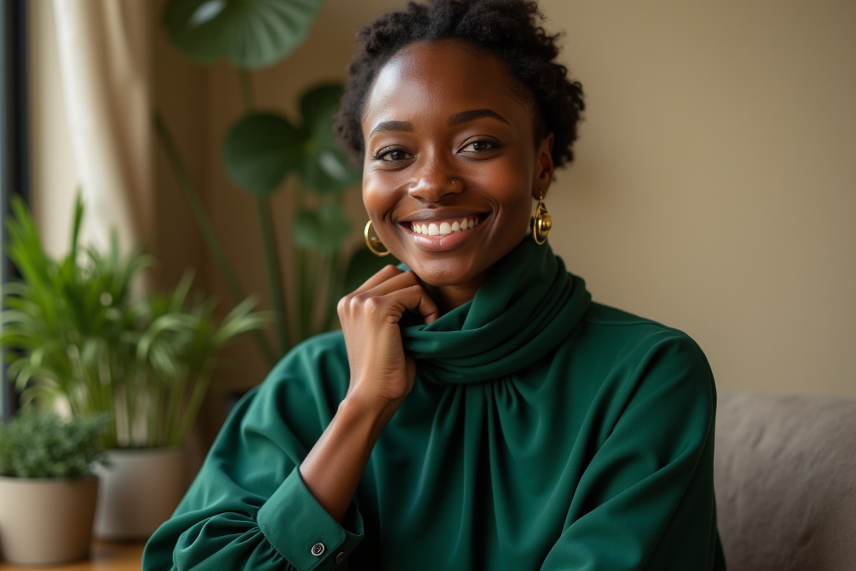 Jeune femme noire en blouse verte ajustant son foulard
