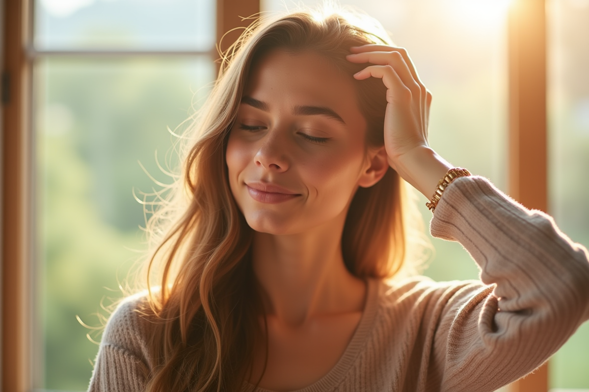 Jeune femme massant son cuir chevelu avec des cheveux brillants