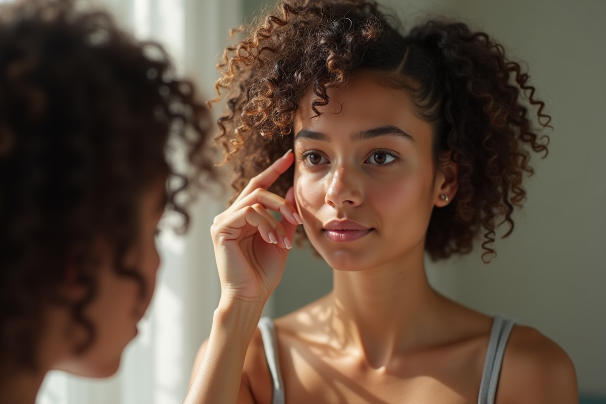 Jeune femme regardant dans le miroir en découvrant ses cheveux bouclés
