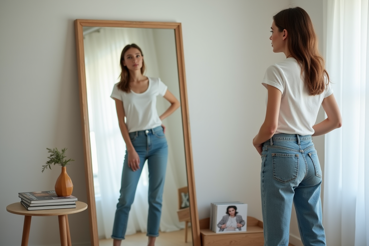 Jeune femme regardant son reflet dans un miroir avec un look naturel
