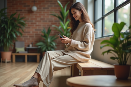 Jeune femme détendue en pull beige dans un loft moderne