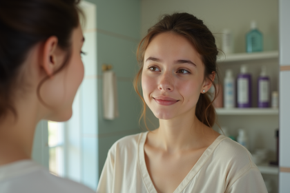 Jeune femme regardant son reflet dans le miroir avec peau visible