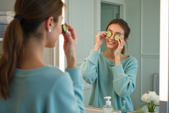 Jeune femme appliquant des rondelles de concombre sous les yeux