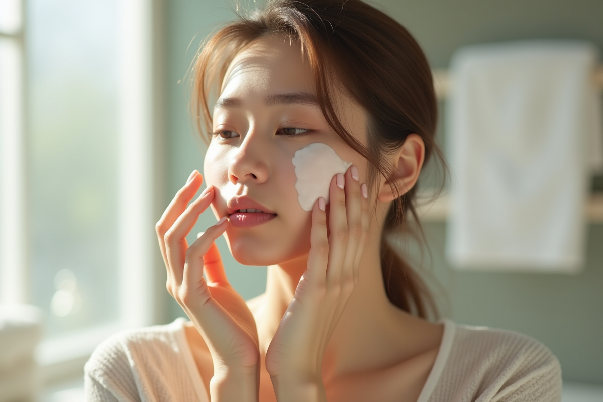 Jeune femme appliquant une crème sur le visage dans une salle de bain lumineuse
