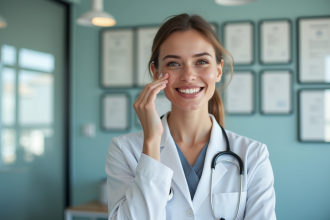 Jeune femme confiante touchant sa joue dans une clinique moderne
