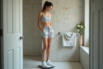 Jeune femme sportive se pesant dans une salle de bain élégante