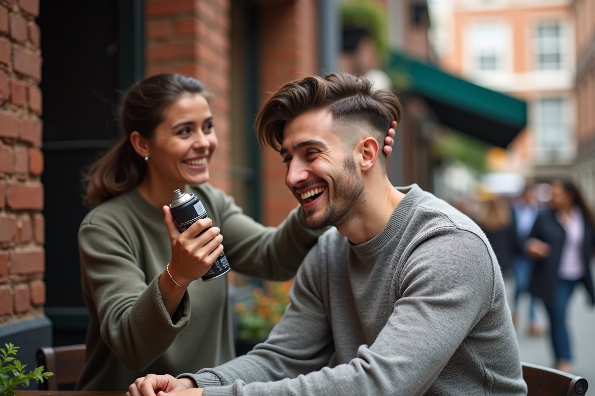 Jeune homme avec coupe undercut se faisant coiffer en extérieur