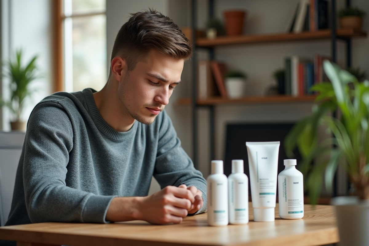 Jeune homme examinant des produits capillaires sur une table