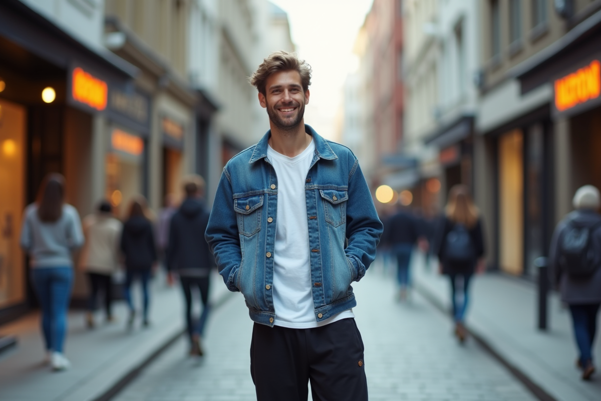 Jeune homme souriant marchant dans une rue urbaine animée